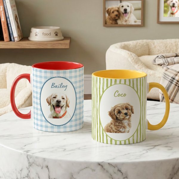 Personalized Watercolor Stripe Checkered Pet Photo 11 oz 15 oz Ceramic Mug with Name Birthday Pet Party Gift for Pet Owners Lovers