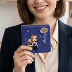 Personalized Birth Flower Cartoon Reading Character PU Leather Classic Sticky Notepad Holder with Name Desk Organizer Birthday Gift for Book Lovers