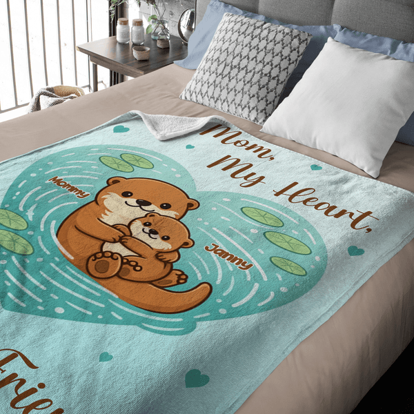 Gepersonaliseerde Hart vijver Moeder Baby Otters Zachte Deken met Naam en Tekst Home Decor Moederdag Verjaardagscadeau voor Mama Oma