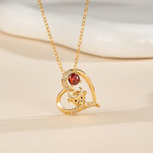 Personlig Highland Cow Birthstone Heart Halskjede Minimalistiske smykker Bursdag Morsdag Jubileumsgave til kvinne Mamma