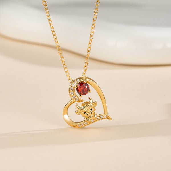 Personalised Highland Cow Birthstone Heart Necklace Minimalist Jewellery Birthday Mother's Day Anniversary Gift for Woman Mom