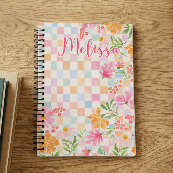 Personalized Colorful Checkerboard Floral A5 Notebook with Name Daily Use Diary Birthday Gift for Women Friends