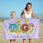 Personalised Multicolor Seaside Vacation Style Quick Dry Soft Oversized Beach Towel with 1-12 Names Beach Party Birthday Gift for Family