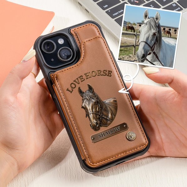Personalised Horse Photo Portrait Phone Case with Name and Card Holder for iPhone Samsung Daily Use Birthday Gift for Horse Owners Riders