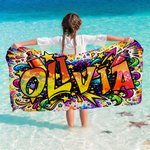 Personalised Music Sport Star Graffiti-Art Quick Dry Oversized Microfiber Beach Towel with Name Beach Party Birthday Gift for Kid Family