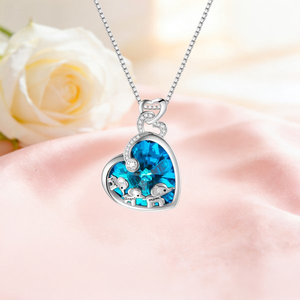 Personalisierte Glitzernde Herzformige Halskette mit Elefant und Kristall Geschenk für Mutter Oma Familie