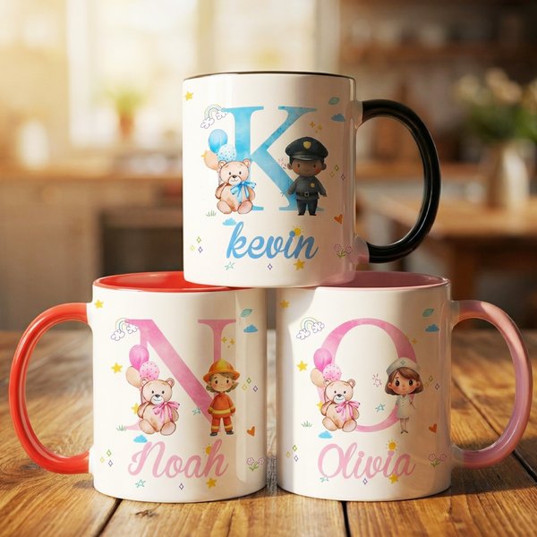 Personalized Cute Cartoon Character Initial 11 oz/15 oz Ceramic Mug with Name and Handle Birthday Gift for Boys Girls