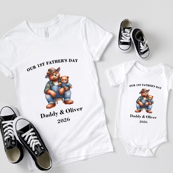 Personalised Cute Daddy Bear and Baby Bear 100% Cotton Baby Bodysuit T-shirt with Name and Year Our 1st Father's Day Gift for Baby Dad