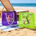 Personalised Neon Birth Flower Bouquet Cartoon Character Clear Tote Bag with Name Initial Birthday Anniversary Gift for Women Girl