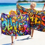 Personalised Music Sport Star Graffiti-Art Quick Dry Oversized Microfiber Beach Towel with Name Beach Party Birthday Gift for Kid Family