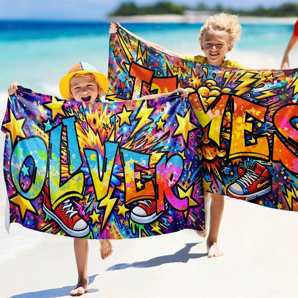 Personalized Music Sport Star Graffiti-Art Quick Dry Oversized Microfiber Beach Towel with Name Beach Party Birthday Gift for Kid Family
