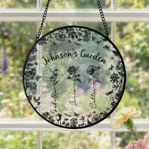 Personalized 1-8 Birth Flowers Toile De Jouy Style Garden Sun Catcher with Names Room Decoration Mother's Day Gift for Mom Grandma