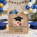 Personalizzato floreale Cappello di laurea Borsa di iuta di grande capacità con nome e testo Regalo di laurea di uso quotidiano per le donne laureate