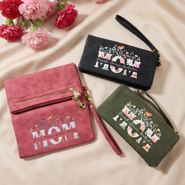 Personalized Vintage Floral PU Leather Folded Wristlet Wallet with Name and Zipper Birthday Mother's Day  Gift for Mom