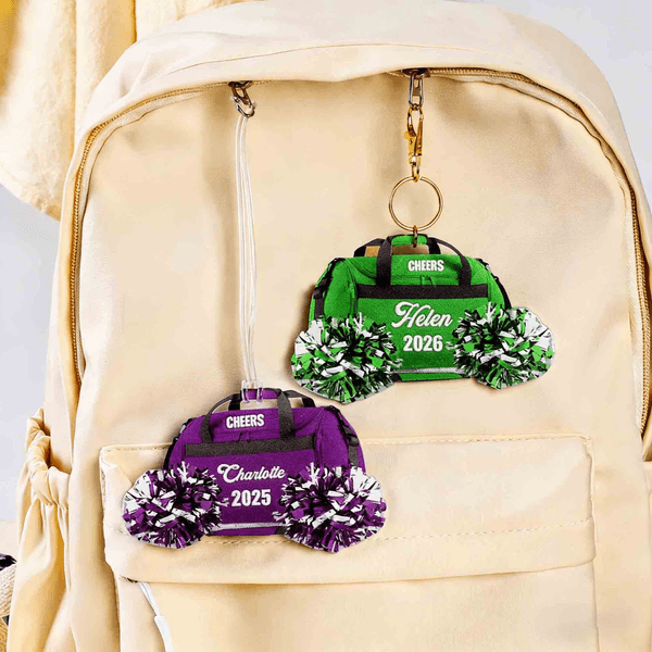 Personalized Cheerleading Backpack Pom-Pom Keychain with Name Team Name and Year Cheer Camp Team Practice Gift for Cheerleader