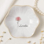 Personalised Imitation Crystal Style Birth Flower Ceramic Scalloped Edge Trinket Jewellery Dish with Name Mother's Day Birthday Gift for Her