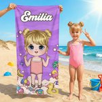 Personlig strandhandduk med namn och karaktär stor snabbtorkande badhandduk med dragskopåse sommarpresent födelsedagspresent