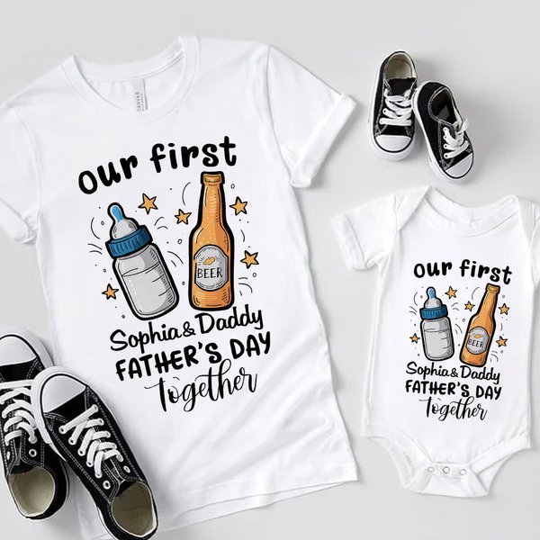 Personalised Our First Father's Day Beer Bottle 100% Cotton Baby Bodysuit T-shirt with Name and Year Family Outfits Birthday Gift for Dad Baby