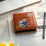 Personalized Birth Flower Cartoon Reading Character PU Leather Classic Sticky Notepad Holder with Name Desk Organizer Birthday Gift for Book Lovers