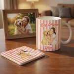 Personalized Pet Photo Watecolor Stripe 11/15 oz Ceramic Mug with Names and Coaster Birthday Mother's Day Gift for Pet Lover Owner