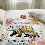 Personalised Floral Mom-Kid Bear Cozy Throw Blanket with Title and Text Home Decor Mother's Day Gift for Mom