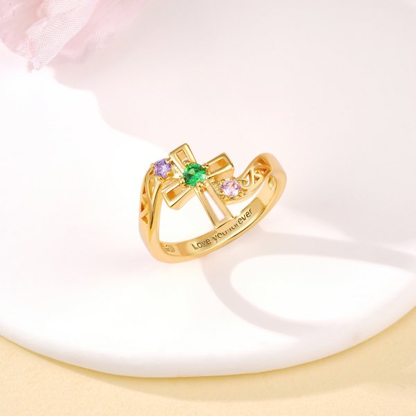 Anillo Personalizado Cruz Piedra de Nacimiento con Texto Joyería Delicada Día de la Madre Aniversario Cumpleaños Regalo para Mujeres Cristianas
