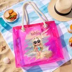 Personalised Cartoon Summer Shiny Trendy Girl Waterproof Clear Tote Bag with Name Pool Beach Party Birthday Gift for Her