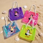 Personalised Cartoon Fashion Lipstick Girl Large Holographic Clear Tote Bag with Name Beach Travel Party Bridal Shower Birthday Gift for Women Girls