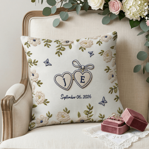 Personalised Imitation Embroidery Effect Love Heart Floral Soft Pillow Cover with Initials and Date Home Decor Wedding Engagement Gift for Newlyweds
