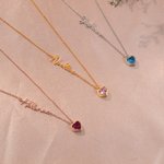 Personalised Heart Birthstone Pendant Necklace with Name Dainty Jewellery Birthday Anniversary Gift for Women Girls