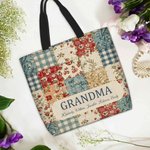 Personalized Vintage Ditsy Floral Patchwork Style Large Tote Bag with Names Daily Use Mother's Day Birthday Gift for Women