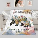 Personalised Floral Mom-Kid Bear Cozy Throw Blanket with Title and Text Home Decor Mother's Day Gift for Mom