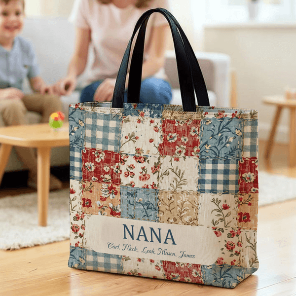Personalized Vintage Ditsy Floral Patchwork Style Large Tote Bag with Names Daily Use Mother's Day Birthday Gift for Women