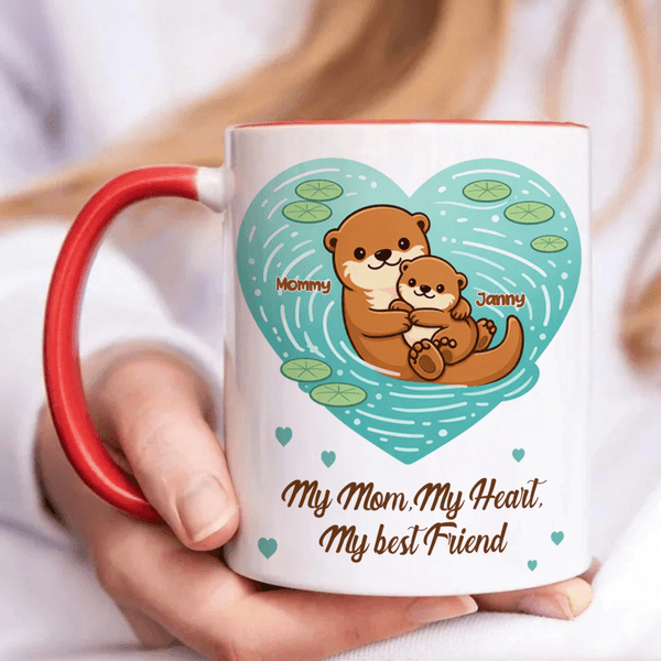 Personalized Cartoon Otter Mother and Kid Ceramic Mug with Names and Coaster Mother's Day Gift for Mom Grandma
