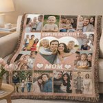 Personalized 13 Photos Collage Heart Soft Tassel Blanket with Name and Title Home Decor Mother's Day Gift for Mom Grandma