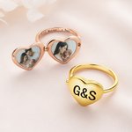 Anello personalizzato in argento sterling con foto del cuore e testo inciso Regalo di compleanno per la festa della mamma e della famiglia