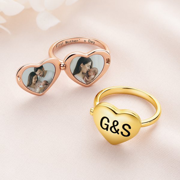 Anello personalizzato in argento sterling con foto del cuore e testo inciso Regalo di compleanno per la festa della mamma e della famiglia