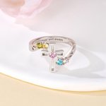 Anillo Personalizado Cruz Piedra de Nacimiento con Texto Joyería Delicada Día de la Madre Aniversario Cumpleaños Regalo para Mujeres Cristianas