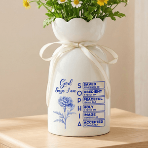 Personalized God Says I Am Toile De Jouy Birth Flower Ceramic Vase with Bible Name Birthday Mother's Day Gift for Mother Christian