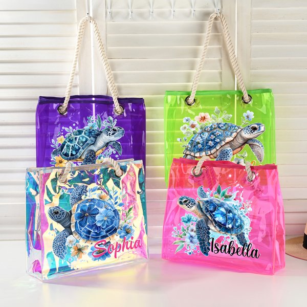 Personalizzato floreale tartaruga marina chiaro olografico Tote Bag con nome viaggio accessorio regalo di compleanno per le donne