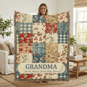 Henkilökohtainen Vintage Flower Checkered Patchwork Tupsu pehmeä heittää peitto nimet ja otsikko äitienpäivä syntymäpäivälahja isoäiti äitiä varten
