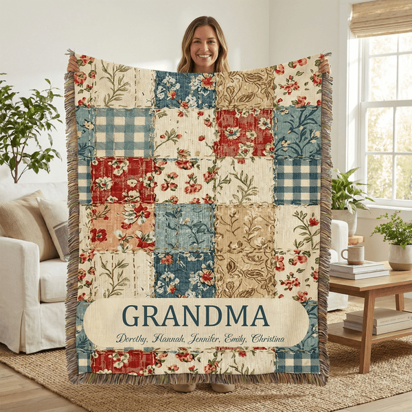 Personalisierte Vintage Blume kariert Patchwork Quaste weiche Decke mit Namen und Titel Muttertag Geburtstag Geschenk für Oma Mom werfen