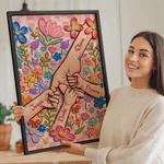 Personalised Oil Painting Style Flower Holding Hands Poster Painting Framed Painting with Name Home Decor Mother's Day Birthday Gift for Mom Grandma