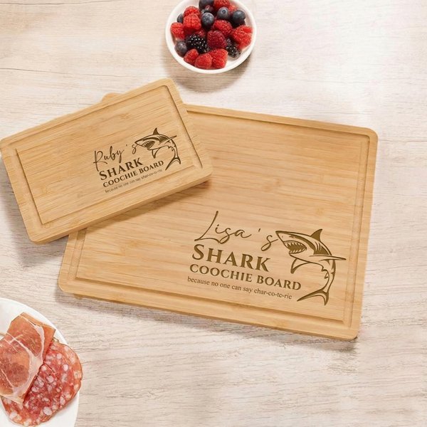 Personalised Funny Shark FSC Charcuterie Bamboo Chopping Board with Name Housewarming Anniversary Gift for Family Friends