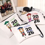 Personalised 2026 Cartoon Graduate Character Linen Wristlet Makeup Bag with Name Graduation Ceremony Birthday Gift for Women Girls