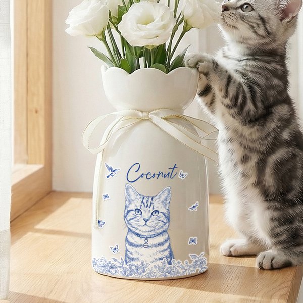 Personalisierte Toile De Jouy Haustier Foto Schmetterling Keramik Blumenvase mit Namen Home Dekoration Geburtstag Geschenk für Tierbesitzer