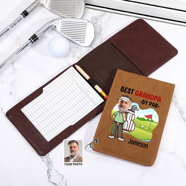 Personalized Best By Par Cartoon Face Photo PU Leather Golf Scorecard Holder with Name Competition Training Accessory Birthday Gift for Golf Lovers