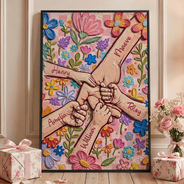 Personalised Oil Painting Style Flower Holding Hands Poster Painting Framed Painting with Name Home Decor Mother's Day Birthday Gift for Mom Grandma
