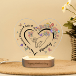 Personalised Flower Butterfly Heart-Shaped Acrylic LED Night Light with Names and Wooden Base Home Decor Mother's Day Gift for Mom Grandma