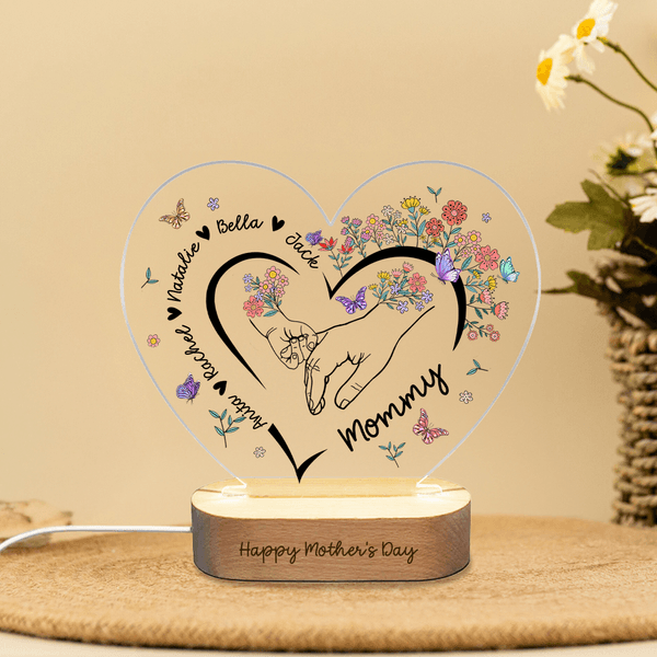 Personalised Flower Butterfly Heart-Shaped Acrylic LED Night Light with Names and Wooden Base Home Decor Mother's Day Gift for Mom Grandma